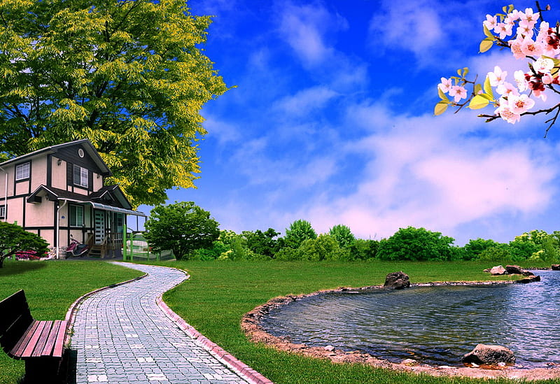 Nice place for a home, nice, house, path with a bench, plants, home, place, trees, lake, HD wallpaper
