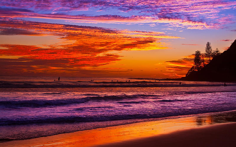 Beautiful Sea, colorful, purple sky, orange, bonito, sunset, clouds, sea, beach, sand, splendor, beauty, sunrise, reflection, amazing, lovely, view, ocean, colors, waves, sky, trees, purple, peaceful, summer, nature, purple sea, HD wallpaper