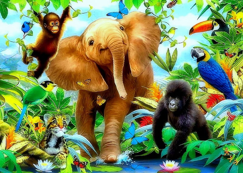 ★Jungle Juniors★, digital arts, little animals, tiger, attractions in dreams, jungle juniors, monkey, paintings, jungle, lovely flowers, forests, seasons spring, drawings, butterfly designs, insects, animals, elephant, colors, love four seasons, birds, creative pre-made, butterflies, wildlife, nature, HD wallpaper