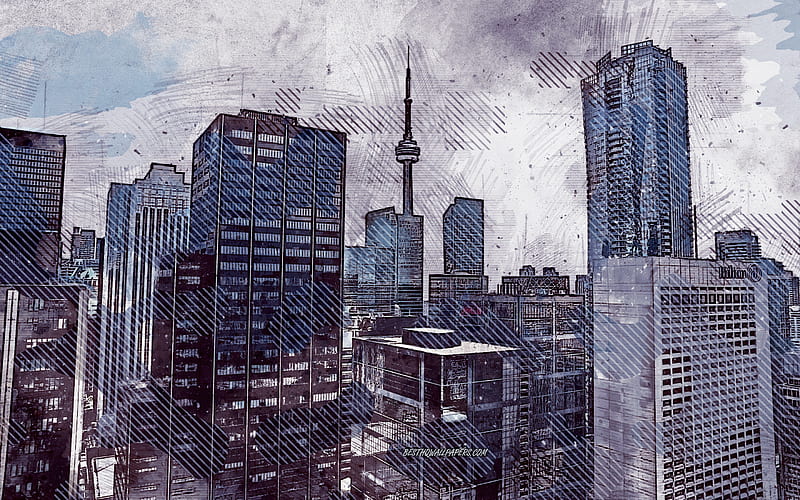 Toronto, Canada, grunge art, creative art, painted Toronto, drawing, Toronto grunge, digital art, Toronto cityscape grunge, HD wallpaper