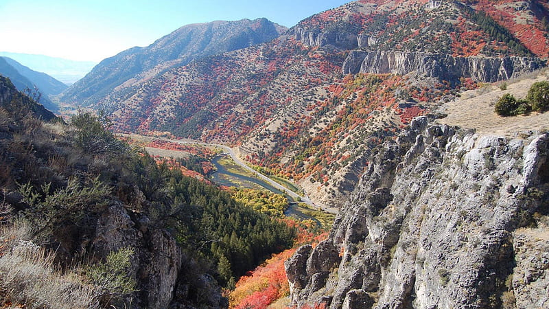 Aerial View Of Autumn Green Red Orange Trees River Rocks Mountains Blue Sky Background Nature, HD wallpaper