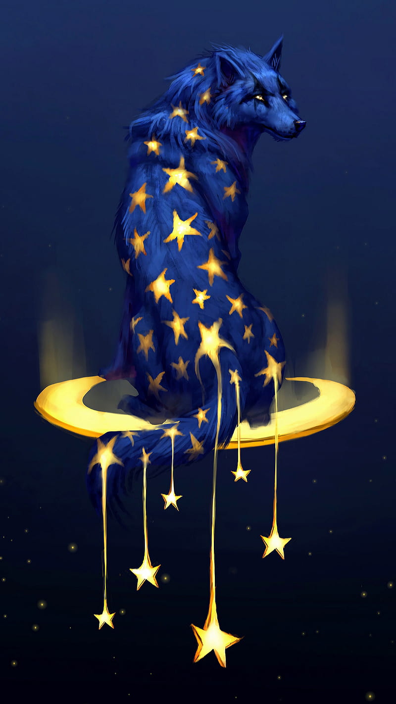 Blue wolf, rear, back, yellow, stars, fantasy, animal, HD phone wallpaper