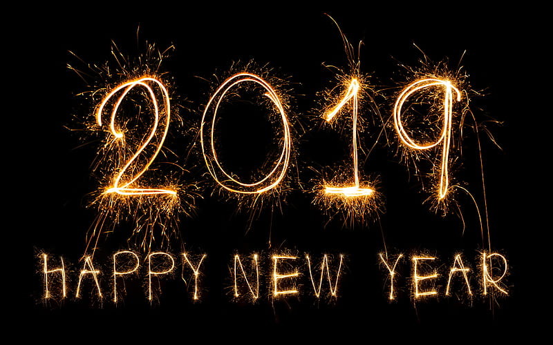 Happy New Year 2019, golden fireworks, black background, 2019 concepts, 2019 year, HD wallpaper