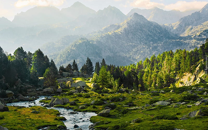 Pyrenees Landscape, Pyrenees, mountains, river, nature, landscape, HD wallpaper