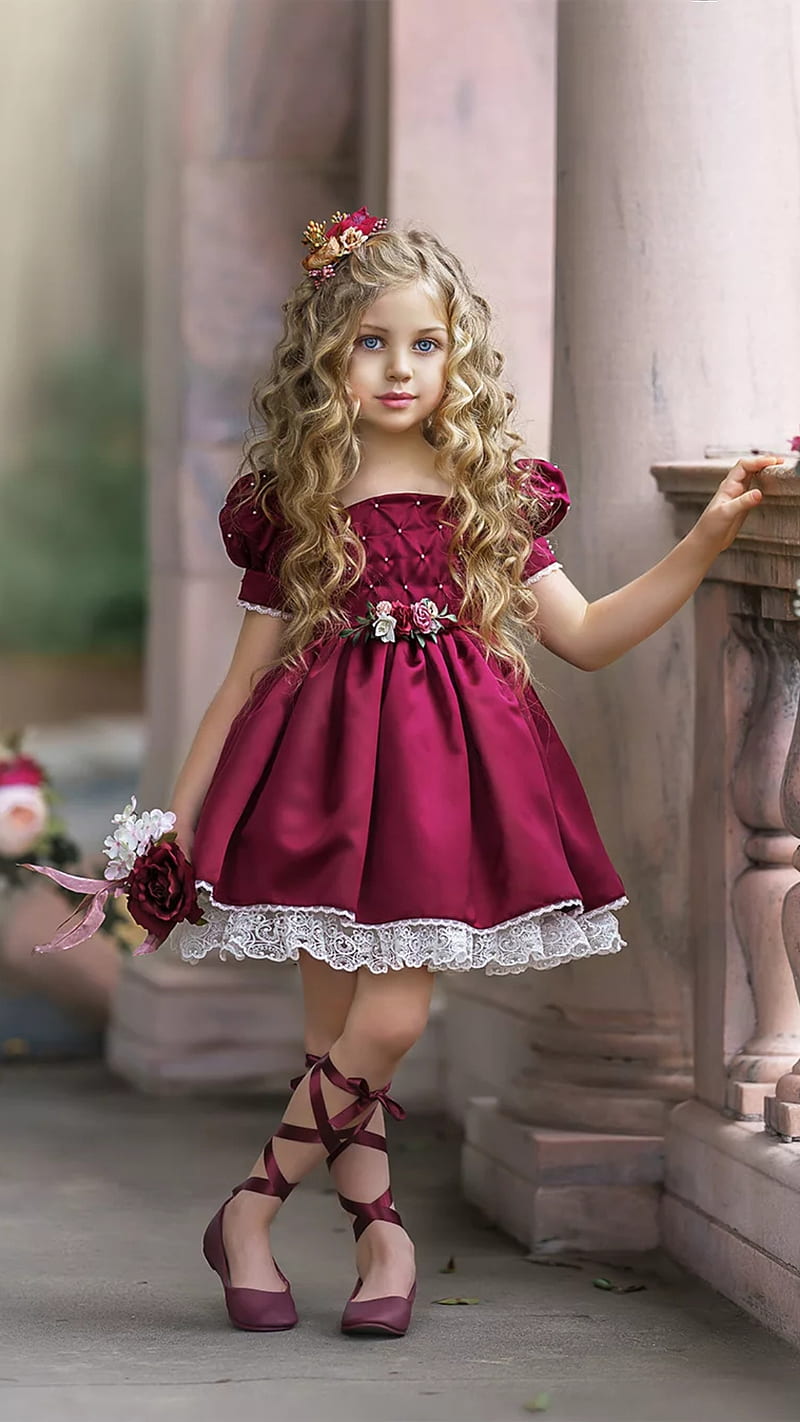 Very pretty, bonito, blonde, burgundy dress, cute, little girl, HD phone wallpaper