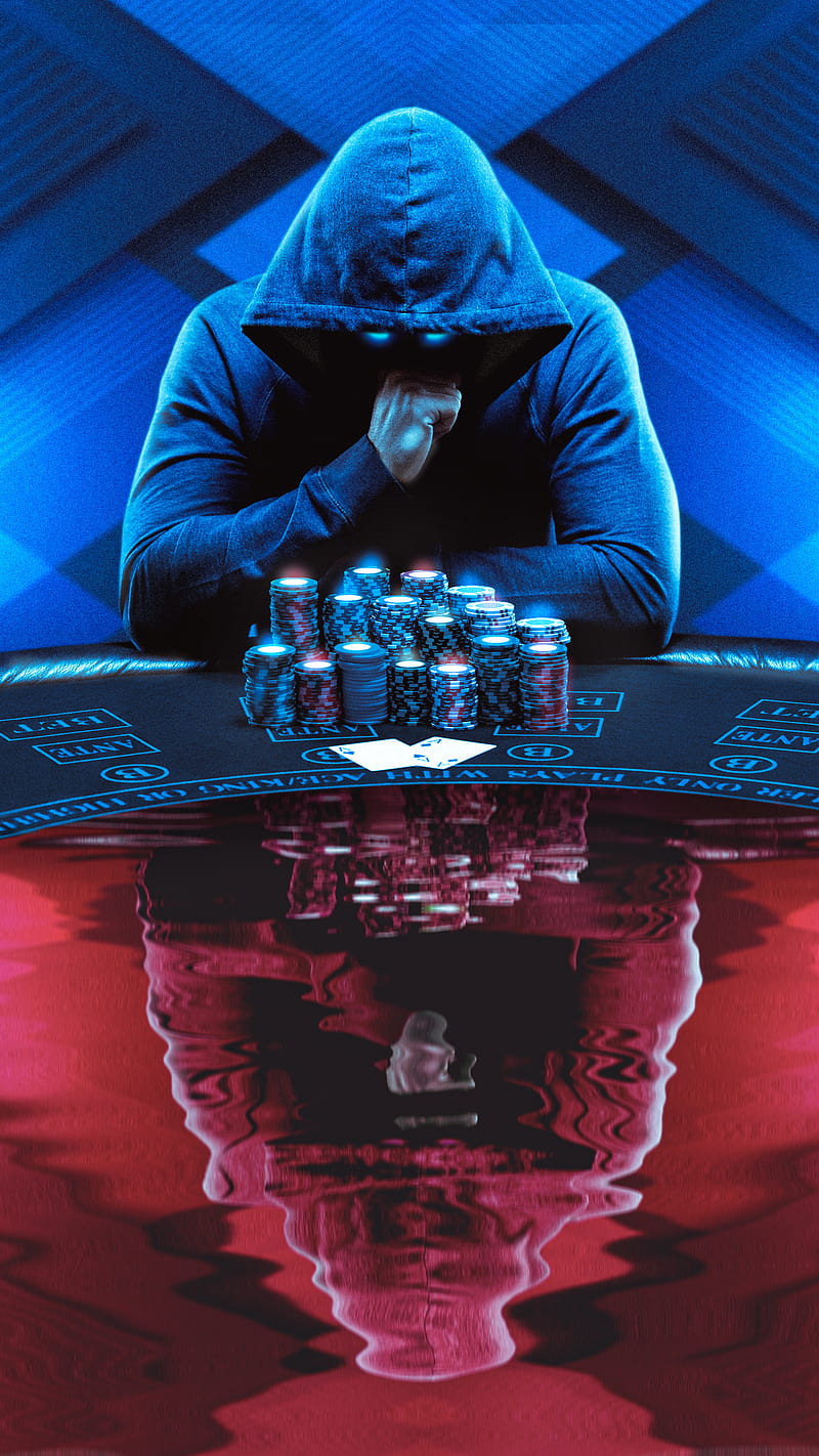 gambling, AMAZING, dark, blue, cards, chips, contrast, deep, gamble, hoodie, red, reflection, water, HD phone wallpaper
