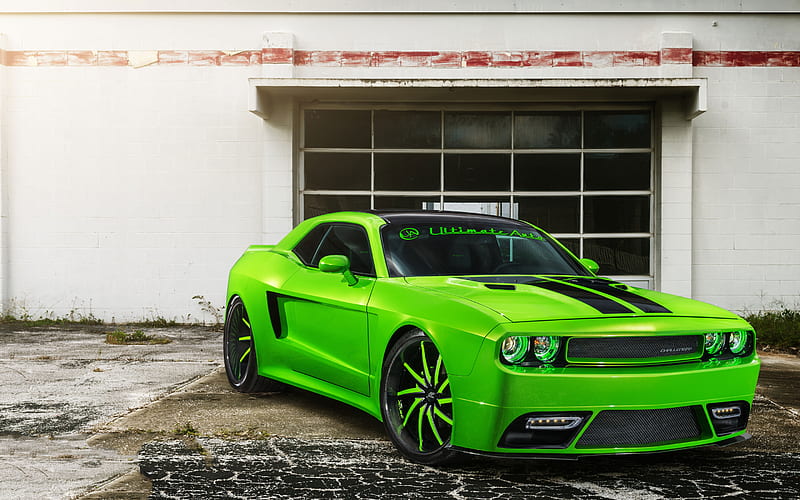 Dodge Challenger SRT8, Ultimate Auto, aerodynamic body kit, tuning Challenger SRT8, green sports coupe, supercar, American sports cars, Dodge, HD wallpaper