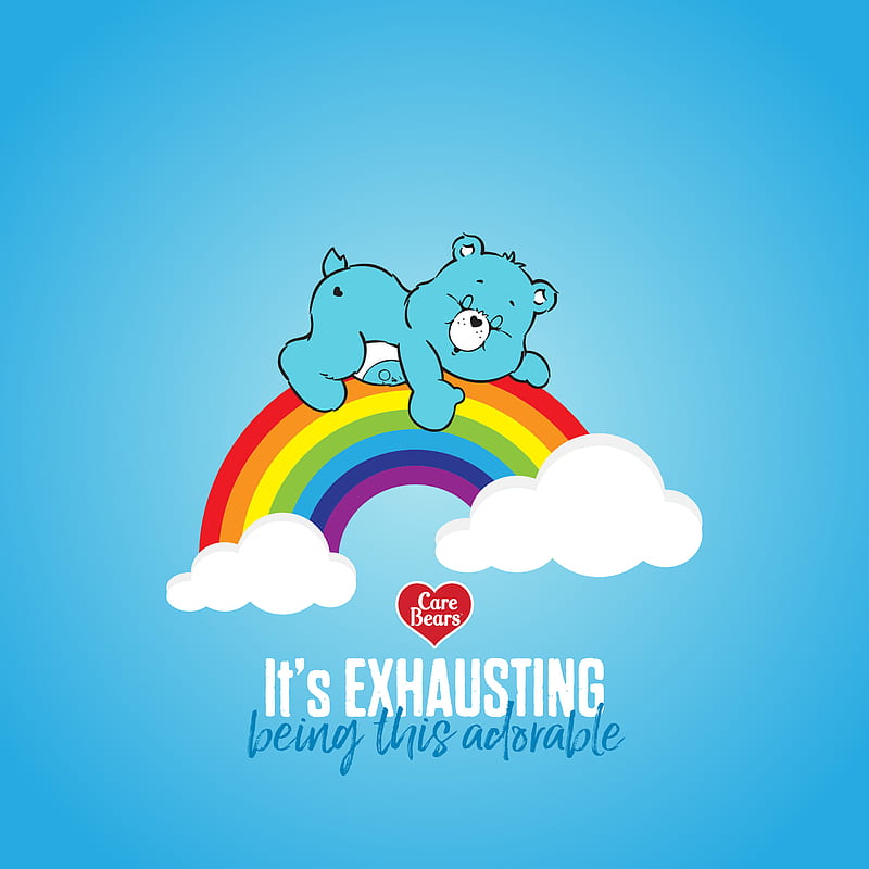Exhausting Adorable, Care, blue, calm, care bears, cartoon, clouds, nap, nap time, quotes, rainbow, retro, sayings, sleepy, vintage, HD phone wallpaper