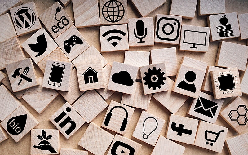 social media logos, logos social networks, wooden cubes, social networks concepts, HD wallpaper