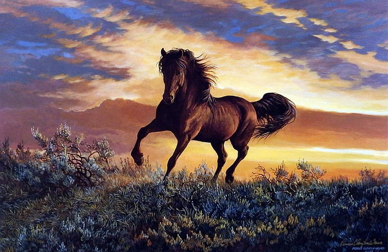 Fire in the Sky, painting, sunset, horse, clouds, artwork, HD wallpaper
