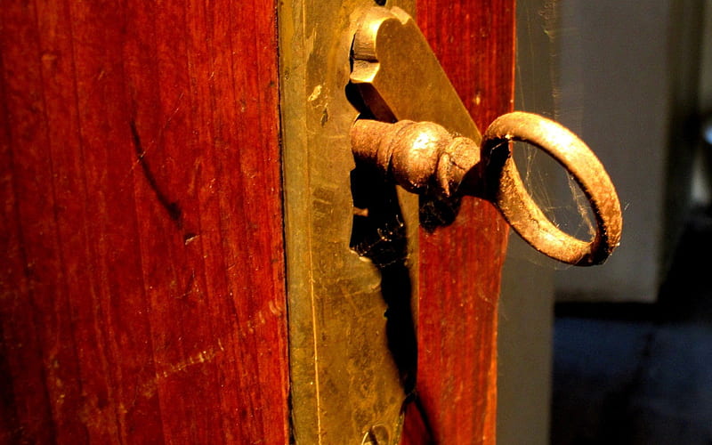 Key, wood, lock, door, HD wallpaper