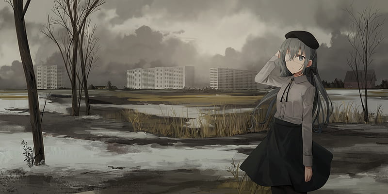 anime girl, ruins, eyepatch, skirt, dark weather, gloomy, Anime, HD wallpaper