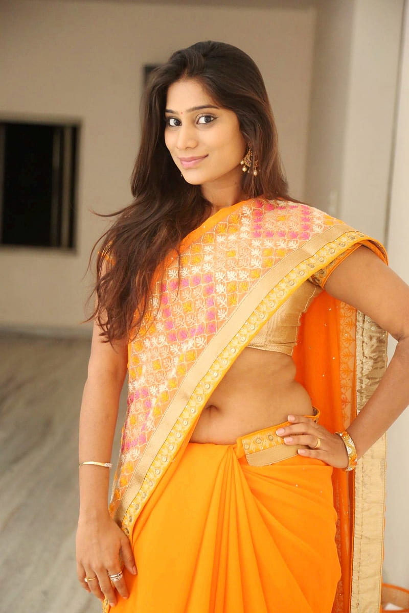 Mithuna, saffron saree, telugu actress, HD phone wallpaper