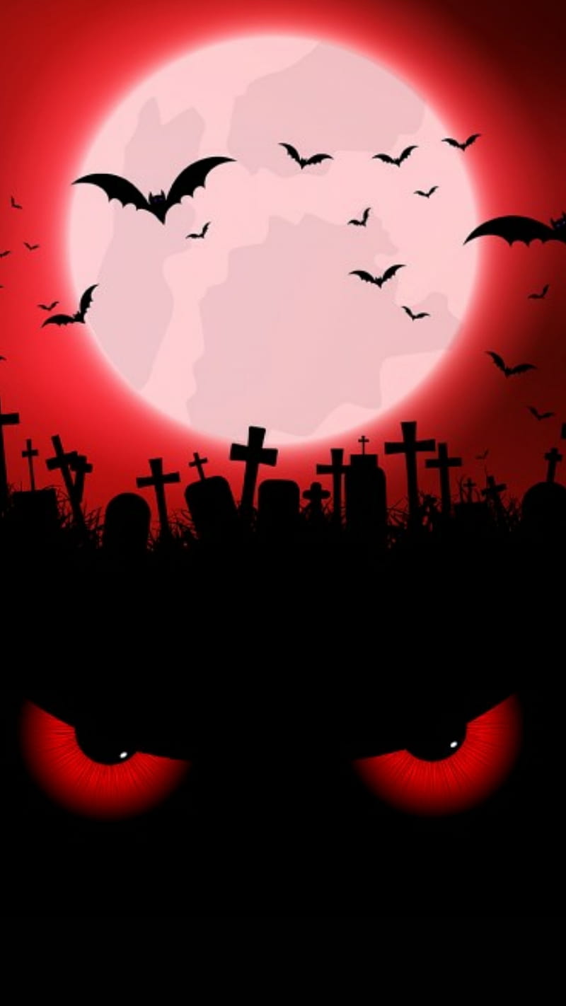 Watching, bats, eyes, glowing, graveyard, halloween, moon, red, red eyes, scary, sky, spooky, HD phone wallpaper