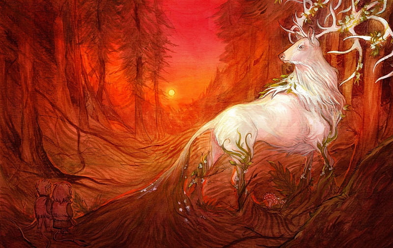 Fantasy deer, red, forest, art, orange, deer, animal, hornes, fantasy, white, HD wallpaper