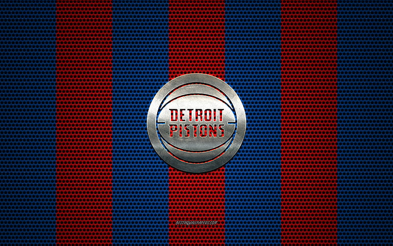 Detroit Pistons logo, American basketball club, metal emblem, blue-red metal mesh background, Detroit Pistons, NBA, Detroit, Michigan, USA, basketball, HD wallpaper