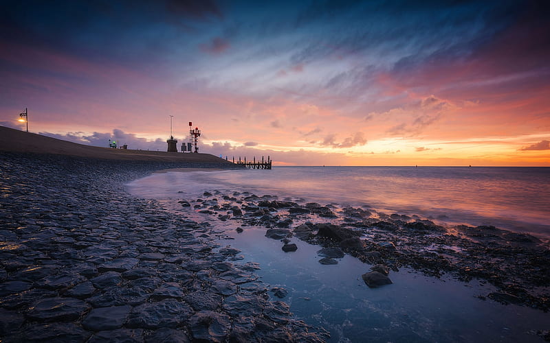 Texel Beach, Ocean, Pier, beach, Rocks, Netherlands, Texel, Sunset, Sea, Water, Holland, Sunrise, HD wallpaper