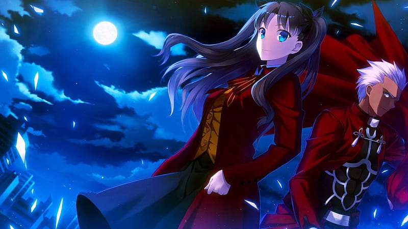 Rin and Archer, red, servant, blue moon, magic, blue sky, holy grail, night, master, HD wallpaper