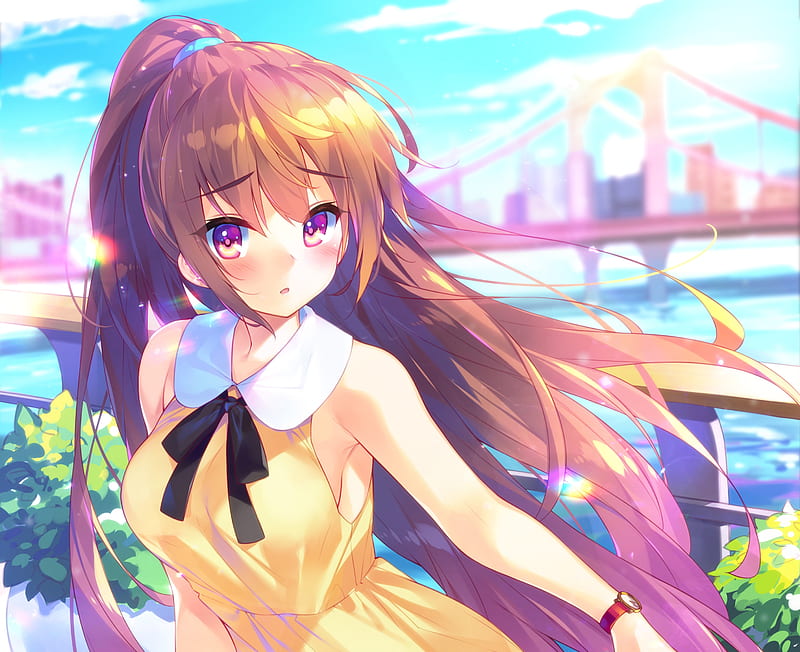 Anime, Original, Brown Hair, Girl, Purple Eyes, HD wallpaper