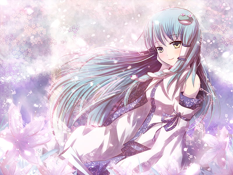 Kochiya Sanae, wind, pin, cute, frog, kawaii, girl, anime, petals, long  hair, HD wallpaper