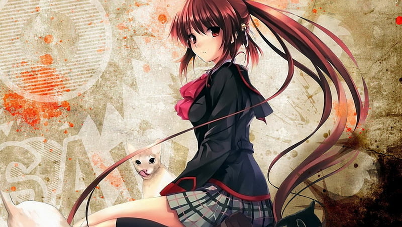 Rin Natsume, red, little busters, anime shool girl, anime, black, anime girl, school girl, HD wallpaper