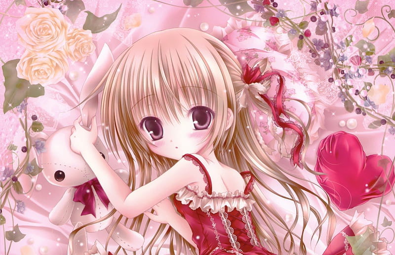 ~Kawaii~, pretty, dress, rose, cg, floral, sweet, anime, love, hot, anime girl, realistic, long hair, pink, rabbit, female, lovely, ribbon, toy, sexy, cute, kawaii, 3d, girl, heart, flower, bunny, HD wallpaper