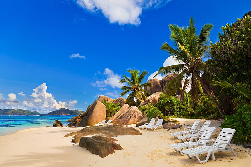 Exotic sea beach, Sea, Lounge chairs, Rocks, Coconut trees, beach, HD wallpaper
