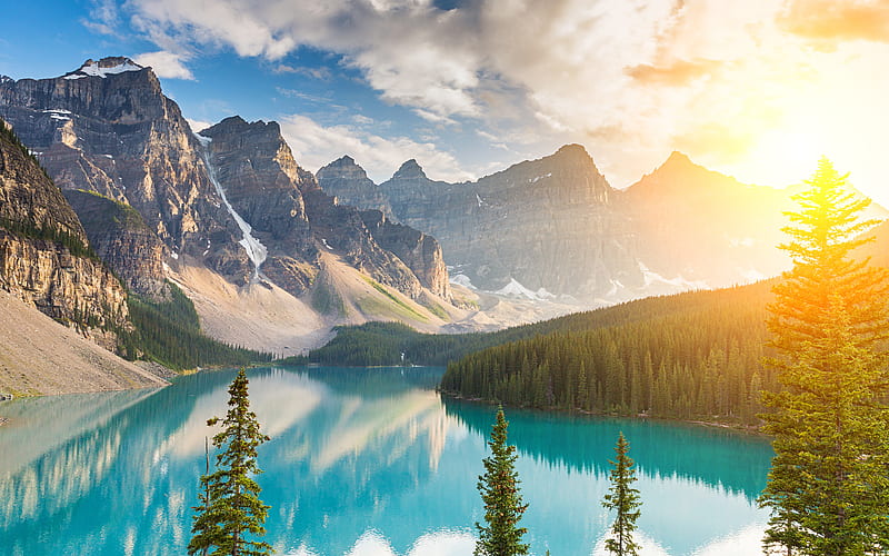 Moraine Lake mountain lake, sunrise, mountain landscape, Canada, HD wallpaper
