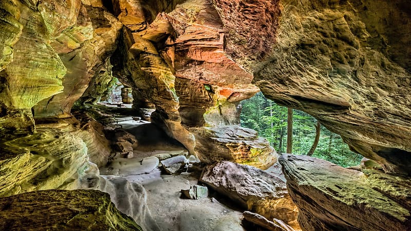 Hocking Hills of Ohio, rock house, sandstone cliff, forest, unique cave, USA, HD wallpaper