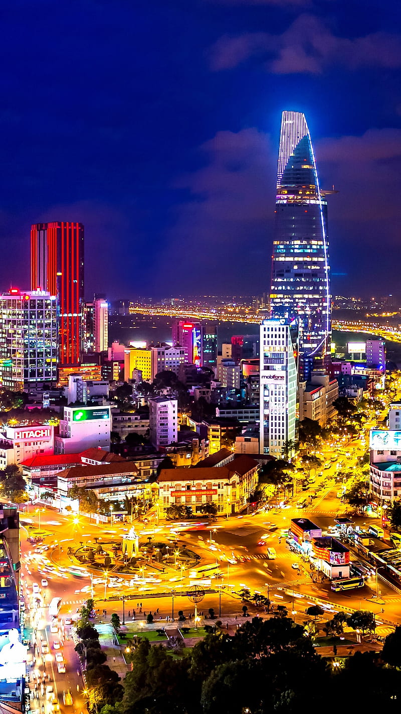 Vietnam , ho chi minh city, city, cityscape, light, night, skyscraper, building, HD phone wallpaper