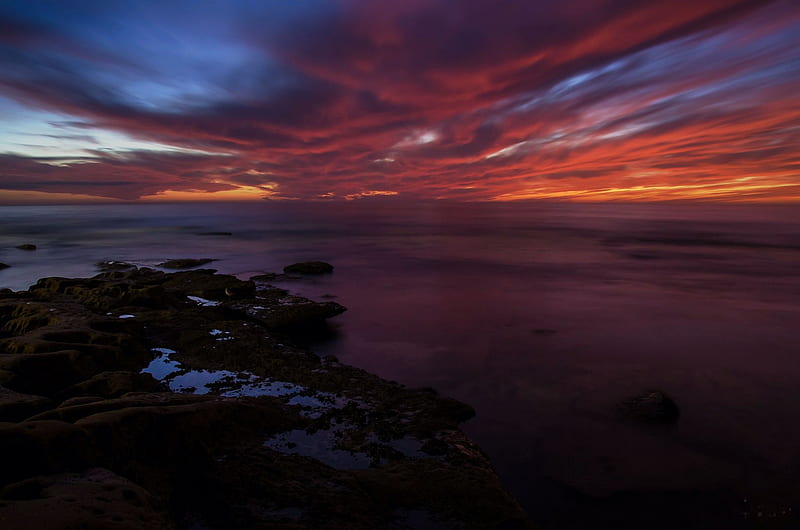 A Drift on the Tide, Los Angeles, California, rocks, water, sunset, clouds, sky, sea, HD wallpaper