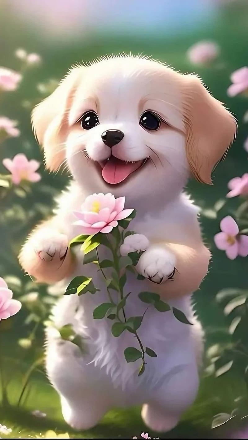 Cute Dog For, Puppy With Pink Flower, puppy, pink flower, HD phone ...