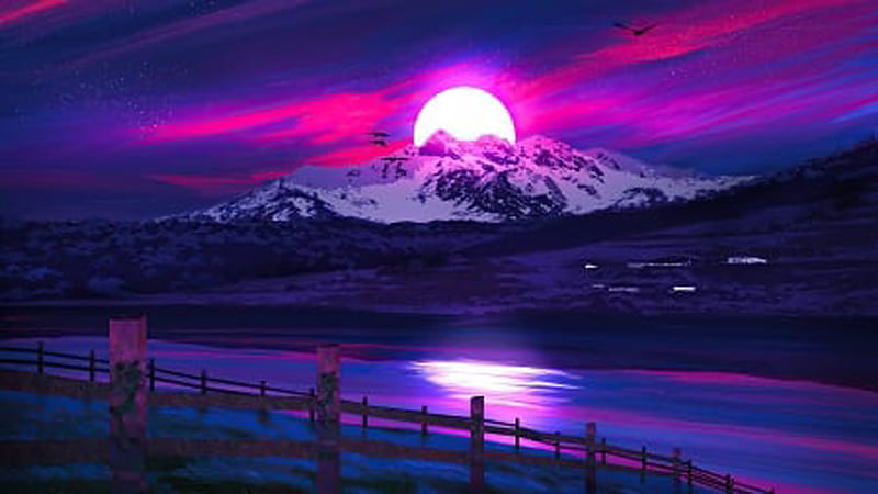 Landscape View Of Snow Covered Mountains In Moon Dark Pink Blue Sky Background Synthwave, HD wallpaper