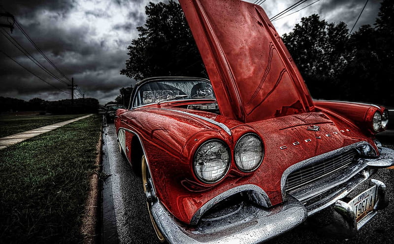 classic 61' corvette in the rain r, red, hood, car, r, rain, classic, street, HD wallpaper
