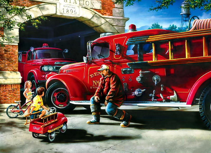 Firehouse Heroes F, architecture, art, cityscape, children, bonito, artwork, fireman, fire station, little girl, painting, wide screen, scenery, HD wallpaper