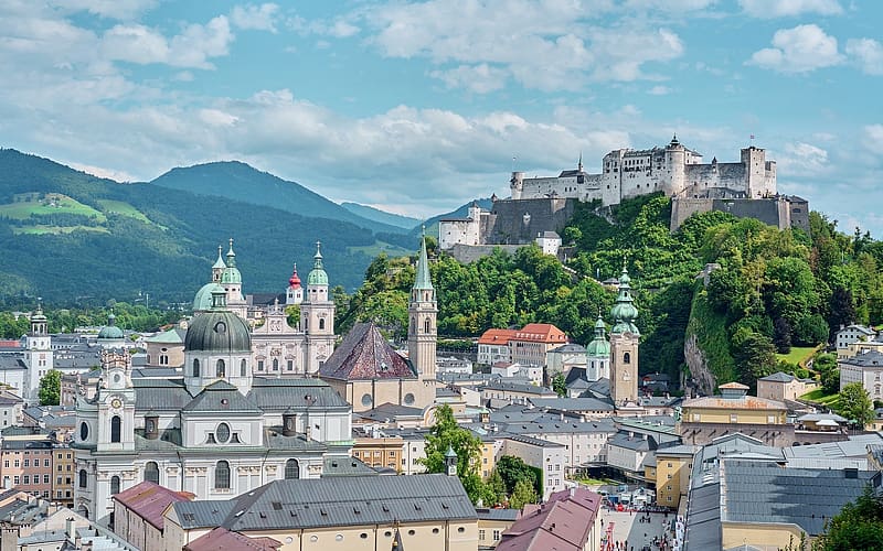 Salzburg, Austria, churches, Austria, Salzburg, castle, Alps, HD wallpaper