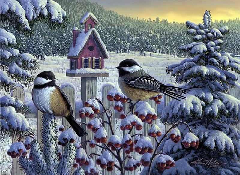 Winter Chickadees, fence, birds house, birds, songbirds, trees, artwork, snow, painting, branches, HD wallpaper