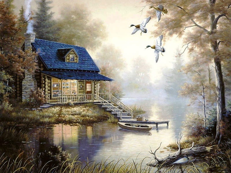 Peaceful cottage, pretty, forest, colorful, cottage, ducks, bonito, lake, boat, splendor, painting, peaceful, color, nature, landscape, HD wallpaper