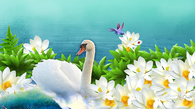 Bellezas de lirios de agua, cisne, lago, estanque, mariquita, nenúfares,  flores, Fondo de pantalla HD | Peakpx