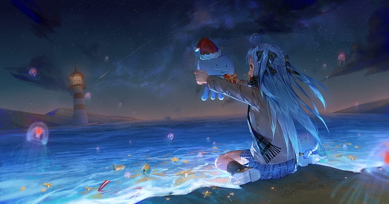 Anime, Virtual Youtuber, Blue Hair, Girl, Jellyfish, Lighthouse, Long Hair, Merry Christmas, Ocean, HD wallpaper