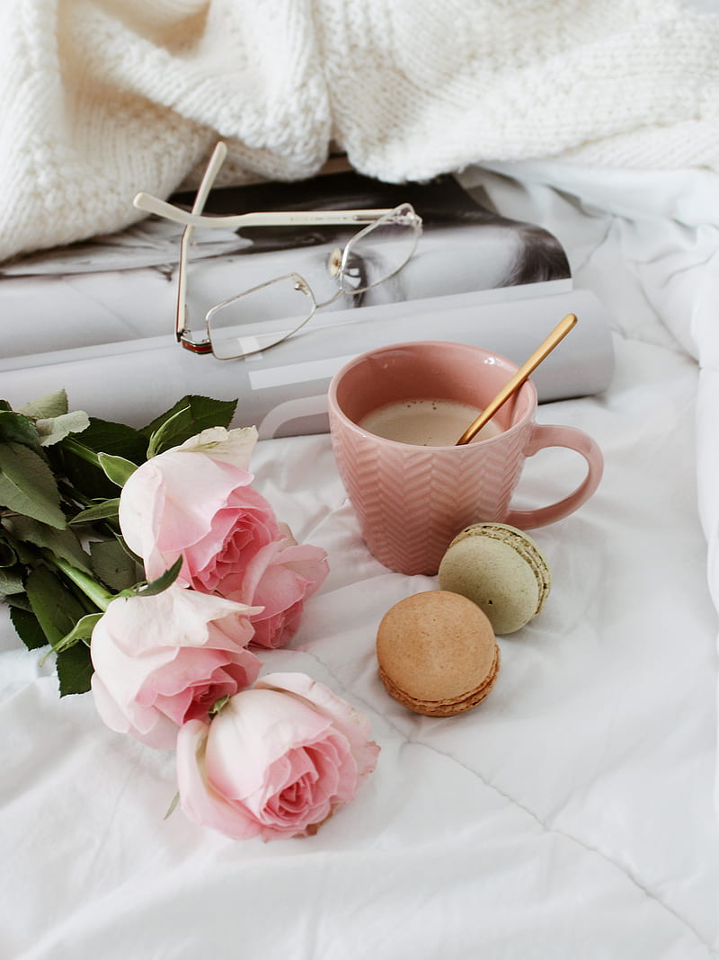 cup, coffee, cookies, flowers, roses, pink, HD phone wallpaper