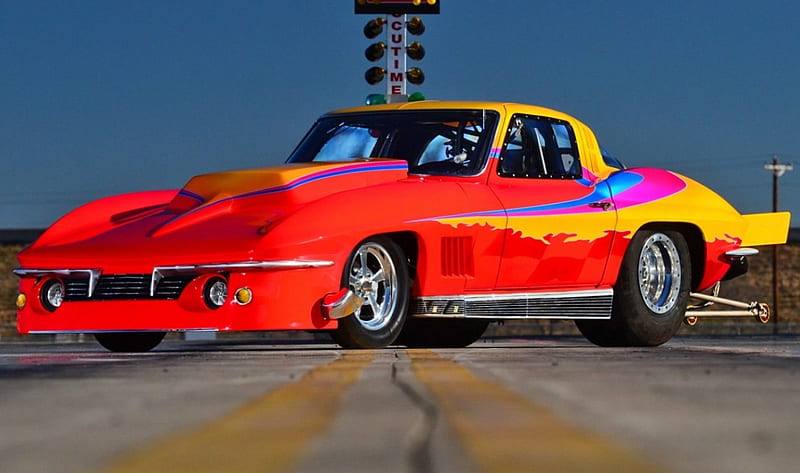 Outlaw-Drag-Radial-1964-Corvette, Classic, Track, Red, Bowtie, HD wallpaper