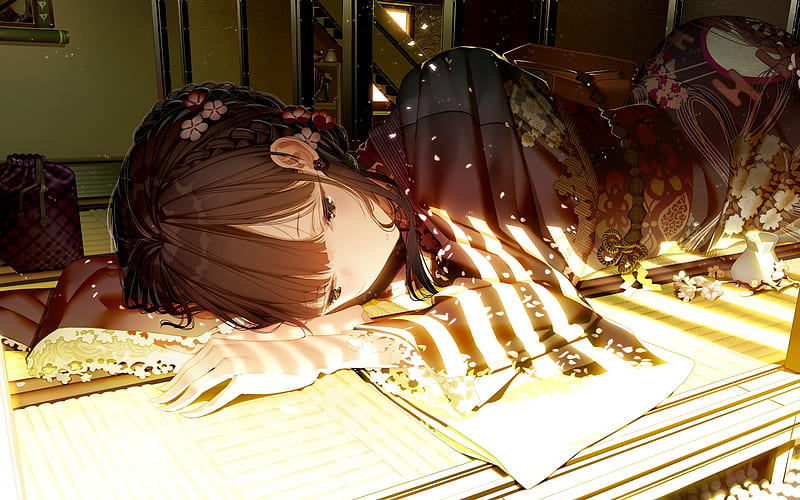 anime girl, kimono, sunlight, lying down, Anime, HD wallpaper