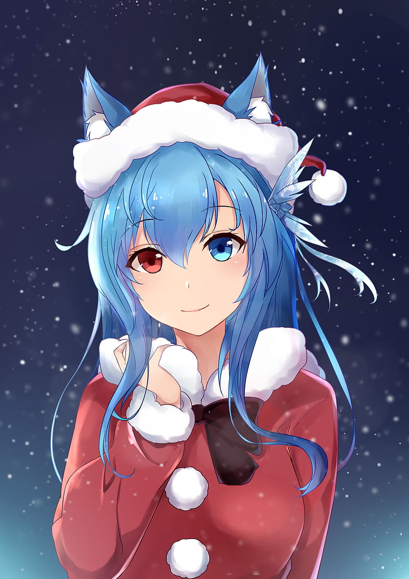 anime girl, santa dress, aqua hair, animal ears, heterochromia, Anime, HD phone wallpaper