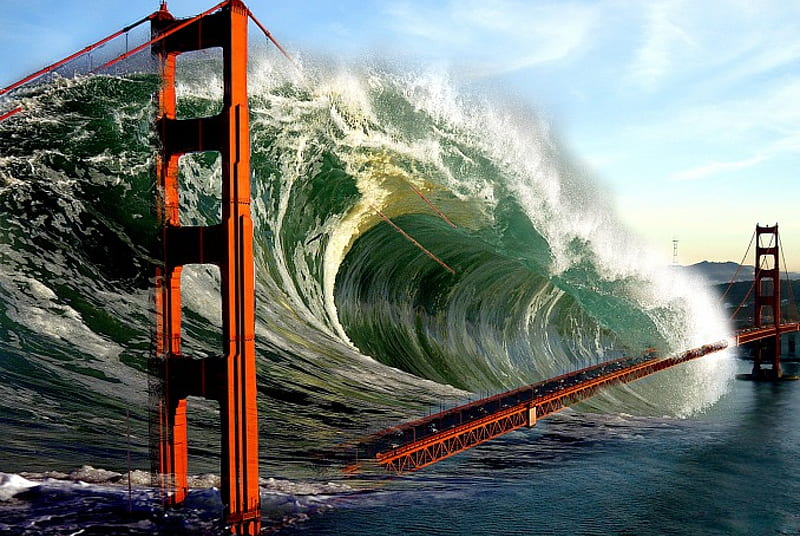 HUGE WAVES, Water, Disaster, Apocalypse, Waves, Bridges, HD wallpaper