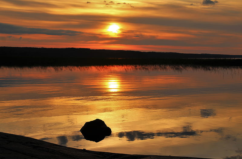 sunset, lake, sun, stones, reflection, HD wallpaper