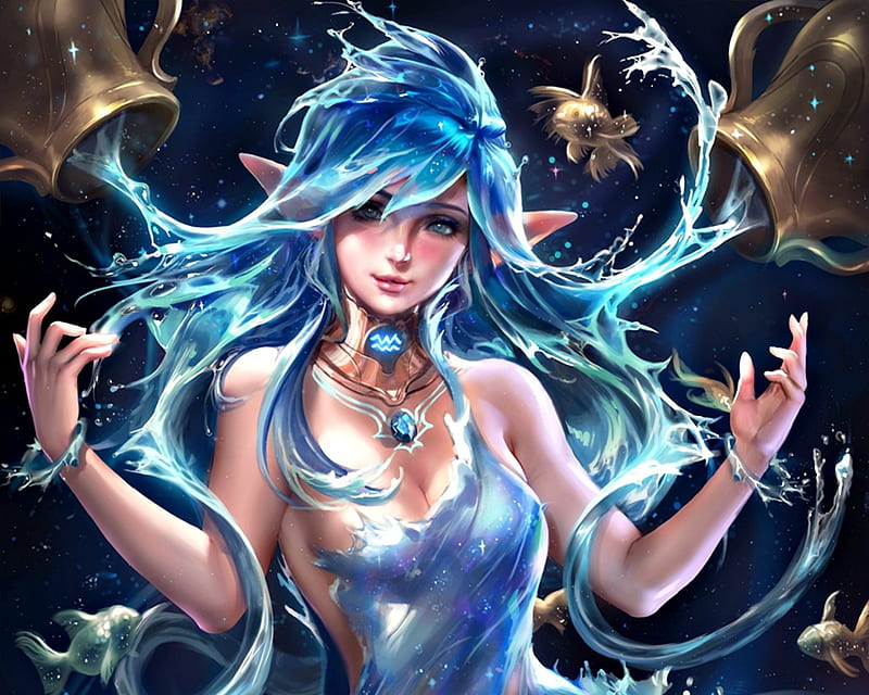Zodiac ~ Aquarius, art, luminos, fish, zodiac, sakimichan, aquarius, woman, fantasy, water, girl, blue, HD wallpaper