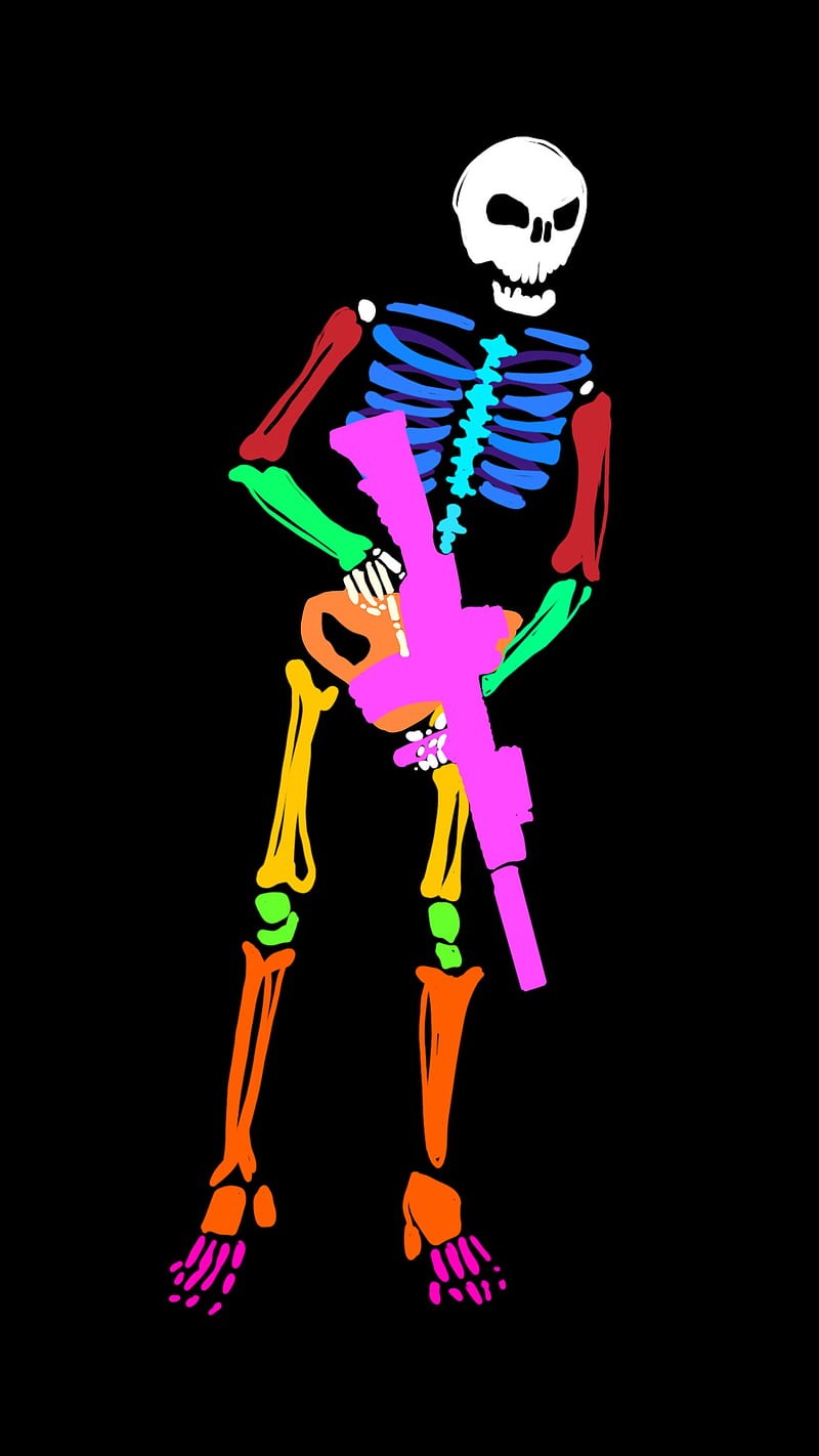 automat skeleton, blue, bone, bonehead, bones, color, colorfull, dead, face, funny, gun, horror, jaw mask, orange, pink, pose, red, scary, silhouette, skelet, skull, warrior, yellow, HD phone wallpaper