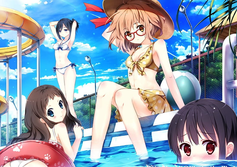 Kyoukai no Kanata, anime, summer, girls, fun, bikini, friends, HD wallpaper