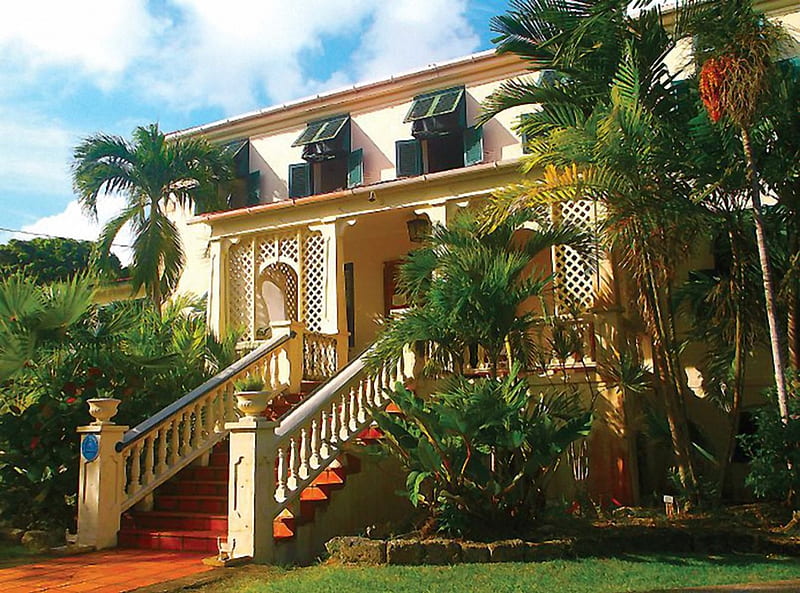 Mediterranean Villa, stairs, house, sky, palms, clouds, HD wallpaper